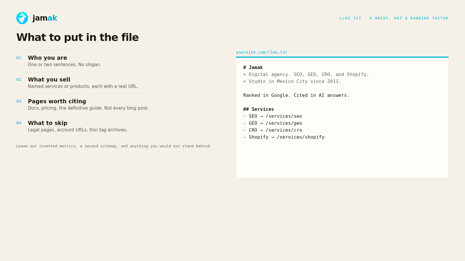 An llms.txt file: who you are and which pages to read